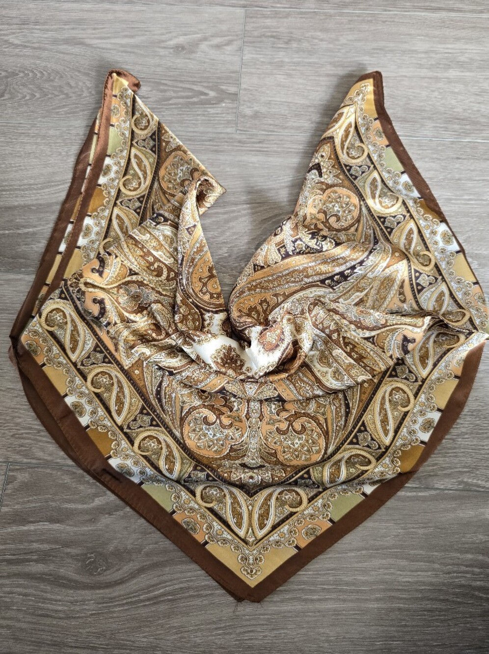 Paisley Print Square Scarf Brown Gold Satin Silk Feel Neck Hair Head Wrap 26in